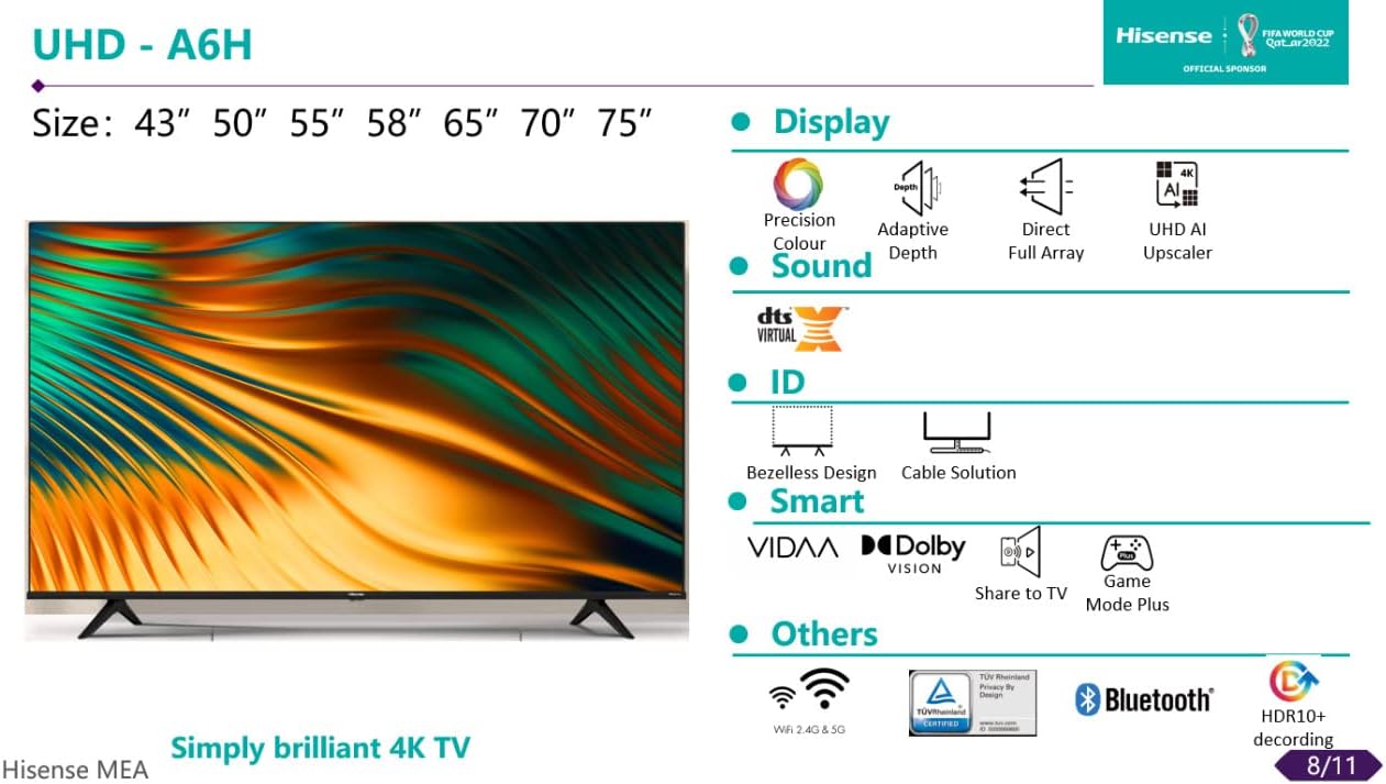 Hisense 70 Inch Tv 4K UHD 4K Smart Tv, With Dolby Vision Hdr, Dts Virtual X, Youtube, Netflix, HDR 10+, Bazelless, Share to TV, Bluetooth & Wifi Black Model 70A61HAAE -1 Year Full Warranty.