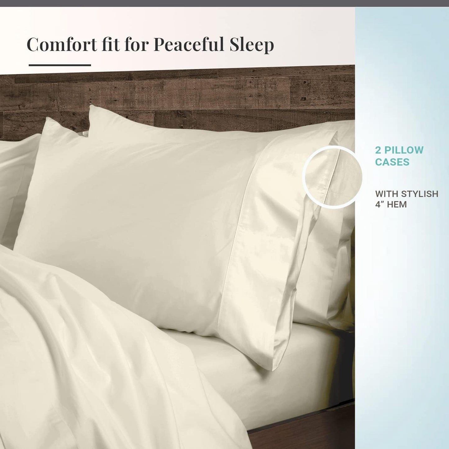 Soft 600 Thread Count Cotton King Ivory Pillow Cases 2pc, 100% Long Staple Cotton Breathable Cool Satin Pillowcase King with Stylish 4 inch Hem (100 Cotton King Ivory Pillow Cases)