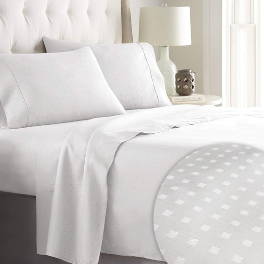 Pizuna 600 Thread Count Dobby-Dots-Design Full Size Sheet-Set White, 100% Long Staple Cotton Smooth Breathable Luxurious Bedding Set (100% Cotton Bed Sheets Full Size Set)