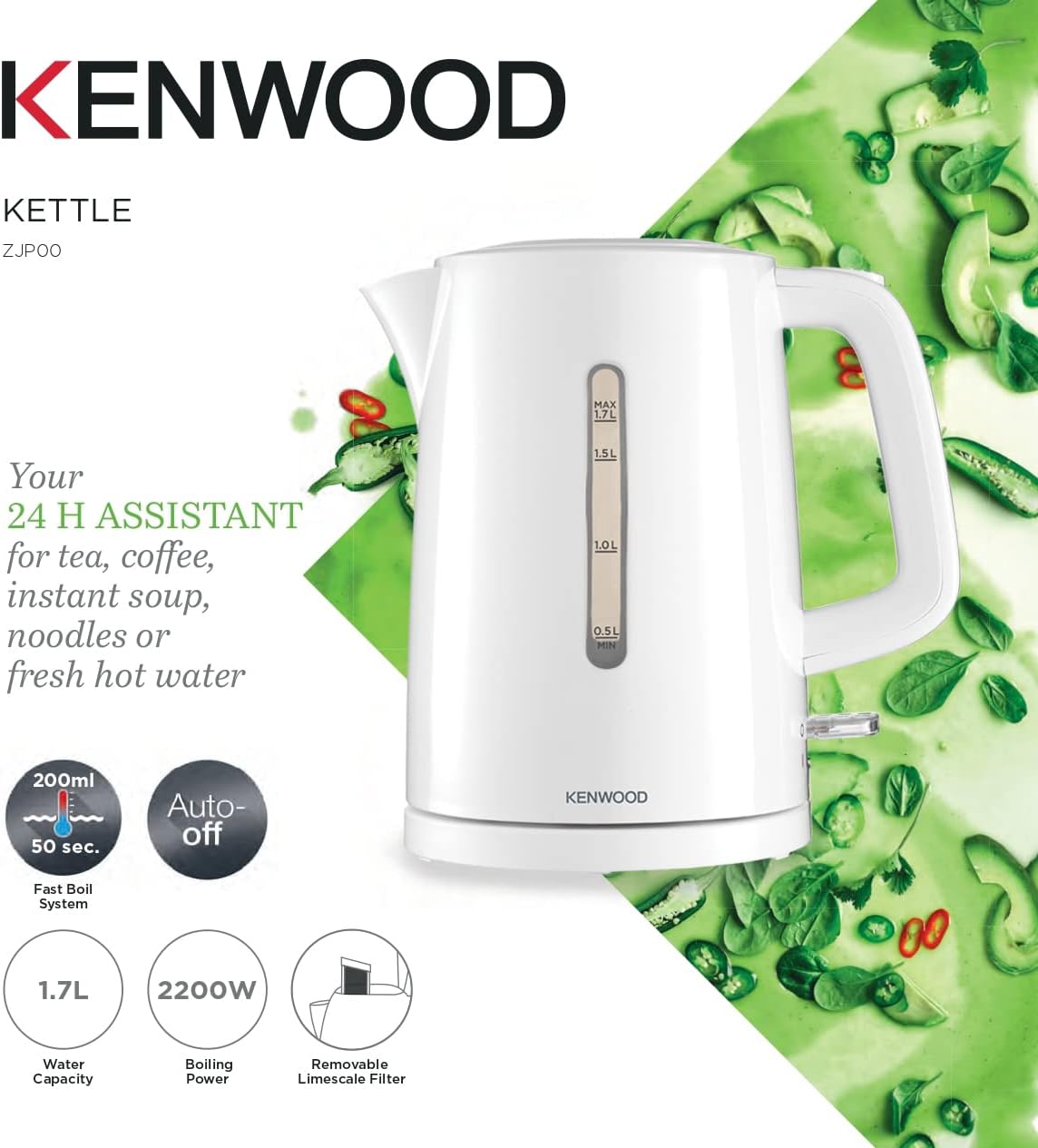 Kenwood Kettle 1.7L Cordless Electric Kettle 2200W with Auto Shut-Off & Removable Mesh Filter ZJP00.000BK Black