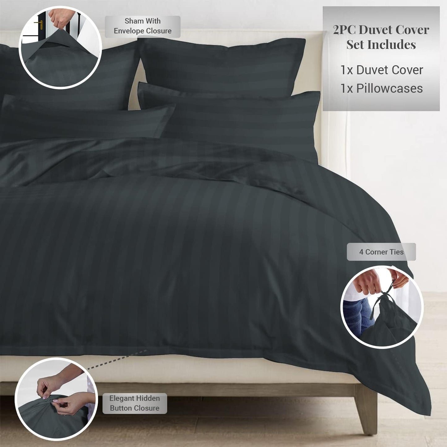 Dobby Stripe Twin Duvet Cover Cotton Anthracite Grey, 300 Thread Count 100% Long Staple Cotton Damask Twin Quilt Cover, Sateen Duvet Cover with Hidden Button Closure (Grey Striped Twin Xl Duvet Cover)