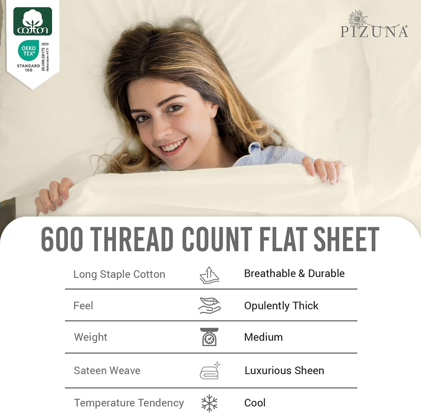 Pizuna Pure 100% Cotton Sheets Split King Size, 600 Thread Count Long Staple Cotton Crisp Sateen Sheets Split King with 15" Deep Pocket (Combed Black Cotton Sheets Split King)