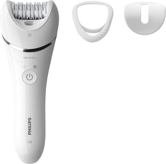 Philips Epilator Series 8000. Wet And Dry Cordless Hair Removal For Legs And Body With 3 Accessories. Extra Wide Epilator Head. 3 Pin, Bre70001.
