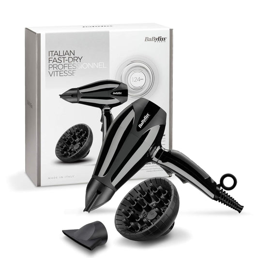 BaByliss Compact Pro 2400 Hair Dryer AC, Italian Made For Quality & Long-lasting Performance, Ultra-slim Nozzle With Ionic Frizz Control Technology, Portable Dryer With Diffuser, 6715DSDE (Black)