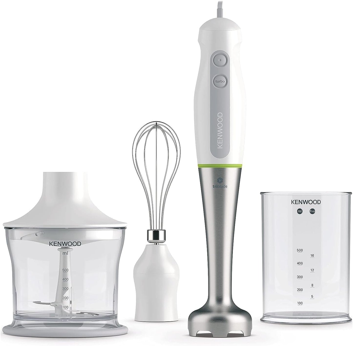 KENWOOD Hand Blender Metal Wand 600W Stick with Graduated Beaker, Turbo Function, Removable for Easy Cleaning HBM02.001WH White/Silver