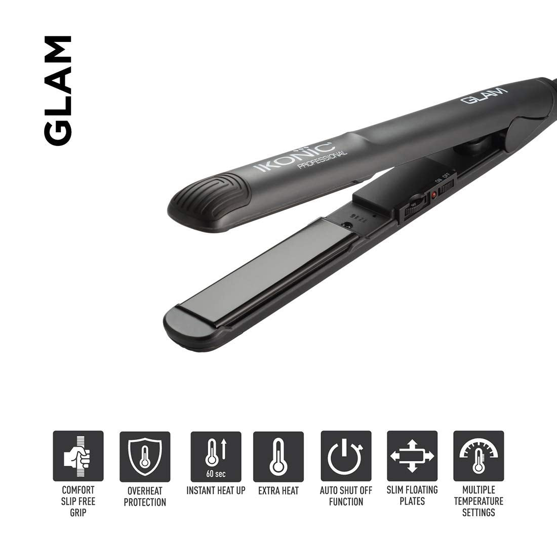 Ikonic Glam Hair Straightener For Women With Professional Cutting-Edge Floating Tourmaline Ceramic Plates Ideal For Straighteneing, Curls, Waves Auto Controlled Heat Setting Super Stylish Lightweight Travel Friendly Quick Heat Up & Easy To Use