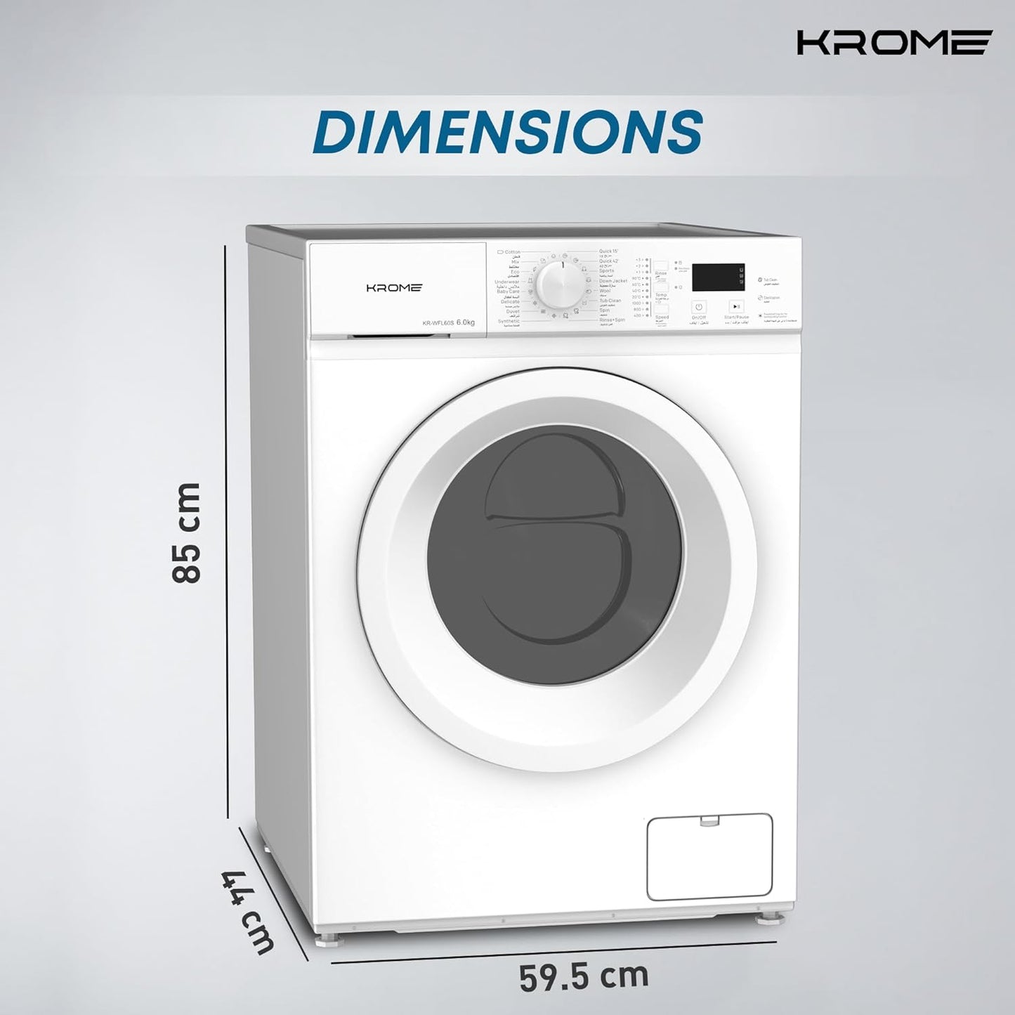 KROME 6Kg 1000 RPM Front Load Washing Machine, LED Display with Universal Motor, 5 Star Energy Efficient, 16 Wash Programs with Variable Temperature Setting,5 Year Motor Warranty White - KR-WFL60S