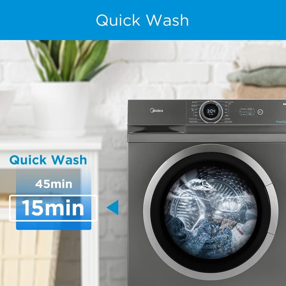 Midea 8KG Front Load Washing Machine with BLDC Inverter Motor, 1400 RPM, 15 Programs, Fully Automatic Washer with Lunar Dial, Integrated Digital Control-LED Display, Multiple Temperature MF100W80BWGCC
