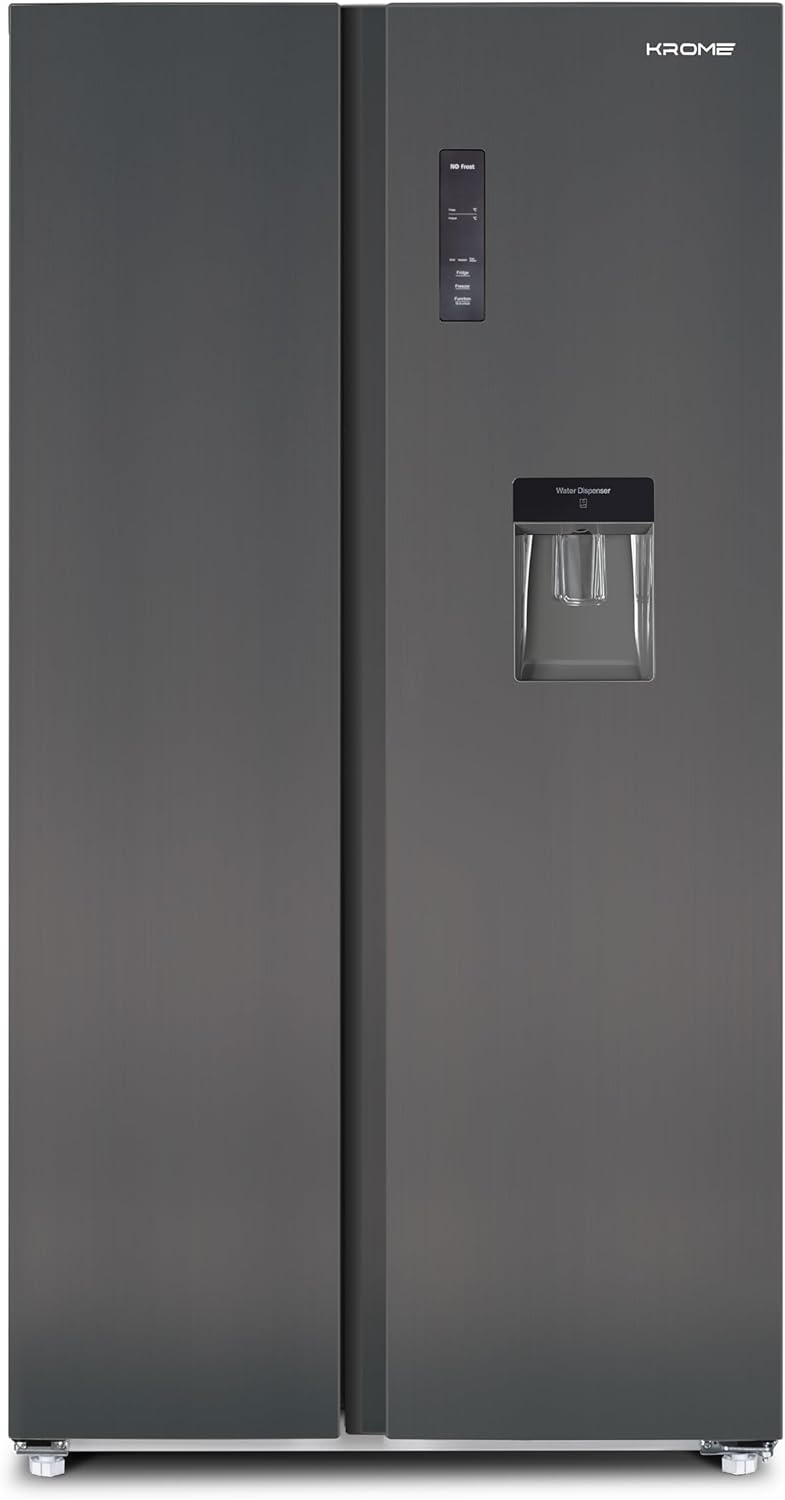 KROME 600L Gross, Side By Side Refrigerator with Multi Air Flow System, Electronic Touch Temperature Control, Door Alarm, No Frost Cooling System, 10 Year Compressor Warranty, Silver- KR-SBS601SM