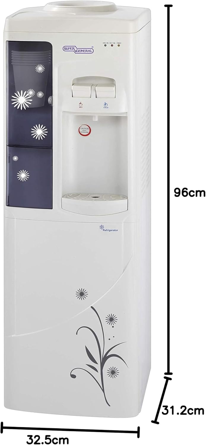 Super General Hot and Cold Water Dispenser, Water-Cooler with Cooling Cabinet and Cup-Holder, Instant-Hot-Water, 2 Taps, SGL-1191, White/Grey, 31.2 x 32.5 x 96 cm, 1 Year Warranty