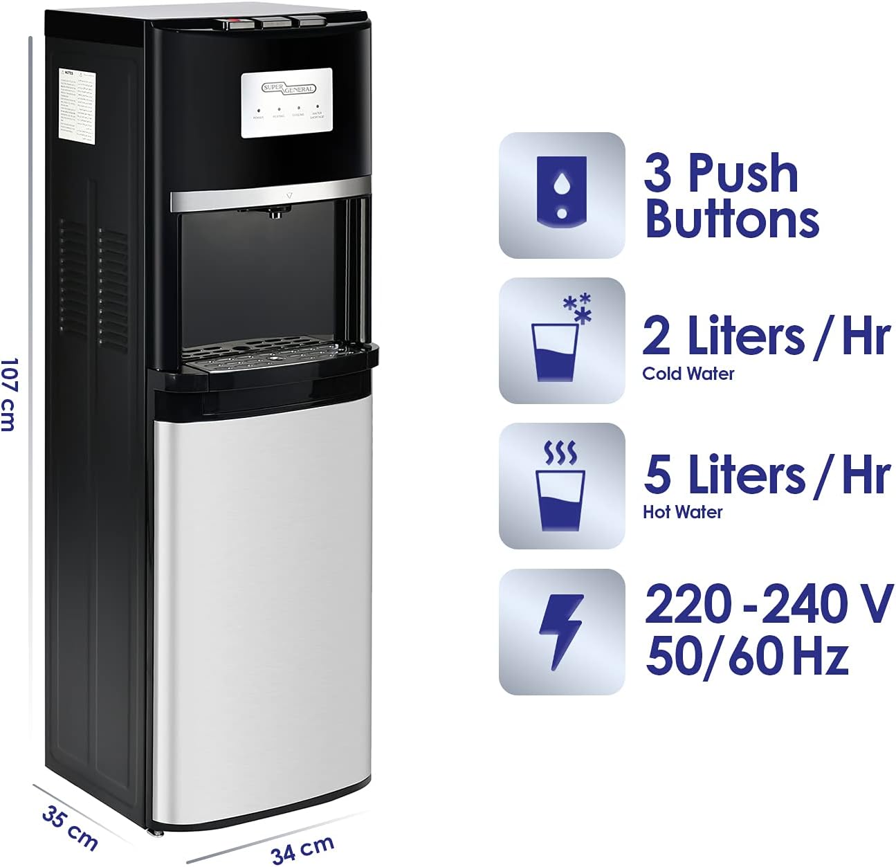 Super General Hot and Cold Water Dispenser, Bottom-Loading Water-Cooler, Instant-Hot-Water, 3 Taps, SGL-2020-BM, Black/Silver, 34 x 35 x 107 cm, 1 Year Warranty