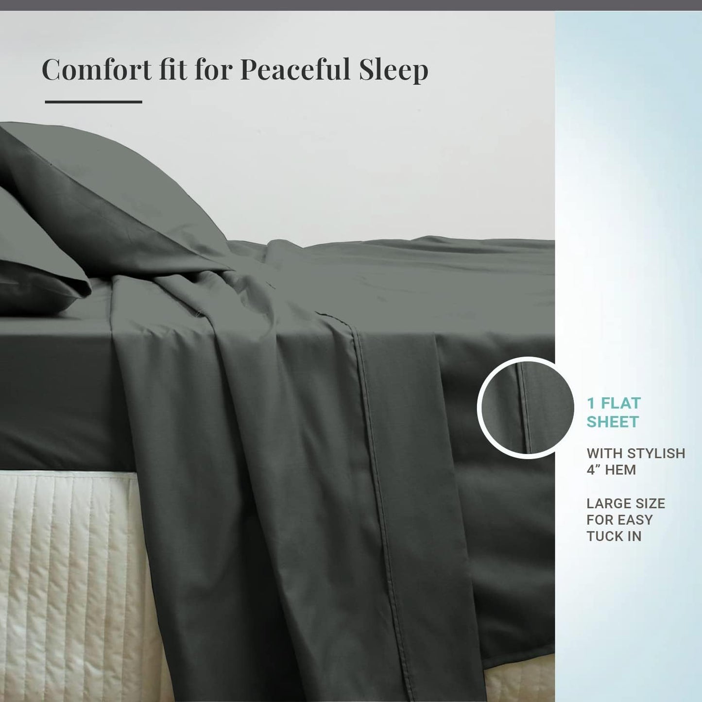 600 Thread Count King Cotton Flat Sheet Dark Grey 1pc, 100% Long Staple Pure Cotton Crisp & Light Weight Sateen Weave Flat Sheet for Bed with Stylish 4 Inch Hem (Dark Gray 100% Cotton Flat Sheet King)