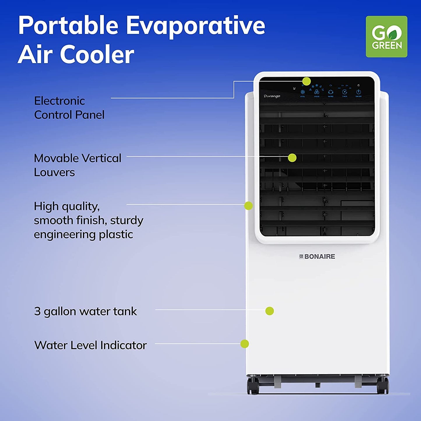 Bonaire Portable Air Conditioner 350 CFM Evaporative Air Cooler for Home Bedroom Office Indoor with Touch Control Panel and Remote, Closable Louvers, 3 Gallon, K350