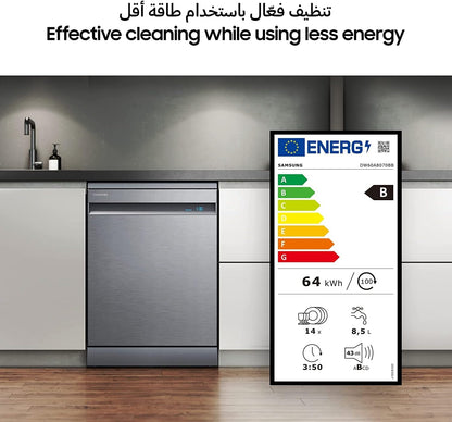 Samsung Freestanding Dishwasher with High Energy Efficiency, 14 Place Settings, Black, Smartphone Compatible, DW60A8050FG/GU, 1 Year Warranty