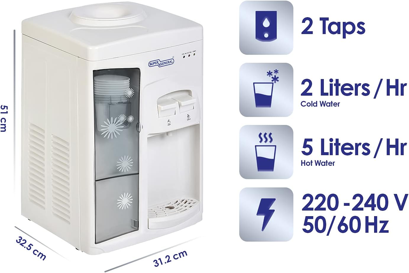Super General Counter-top Hot and Cold Water Dispenser, Water-Cooler with Cup-holder, Instant-Hot-Water, 2 Taps, SGL-1131, White/Grey, 31.2 x 32.5 x 51 cm, 1 Year Warranty