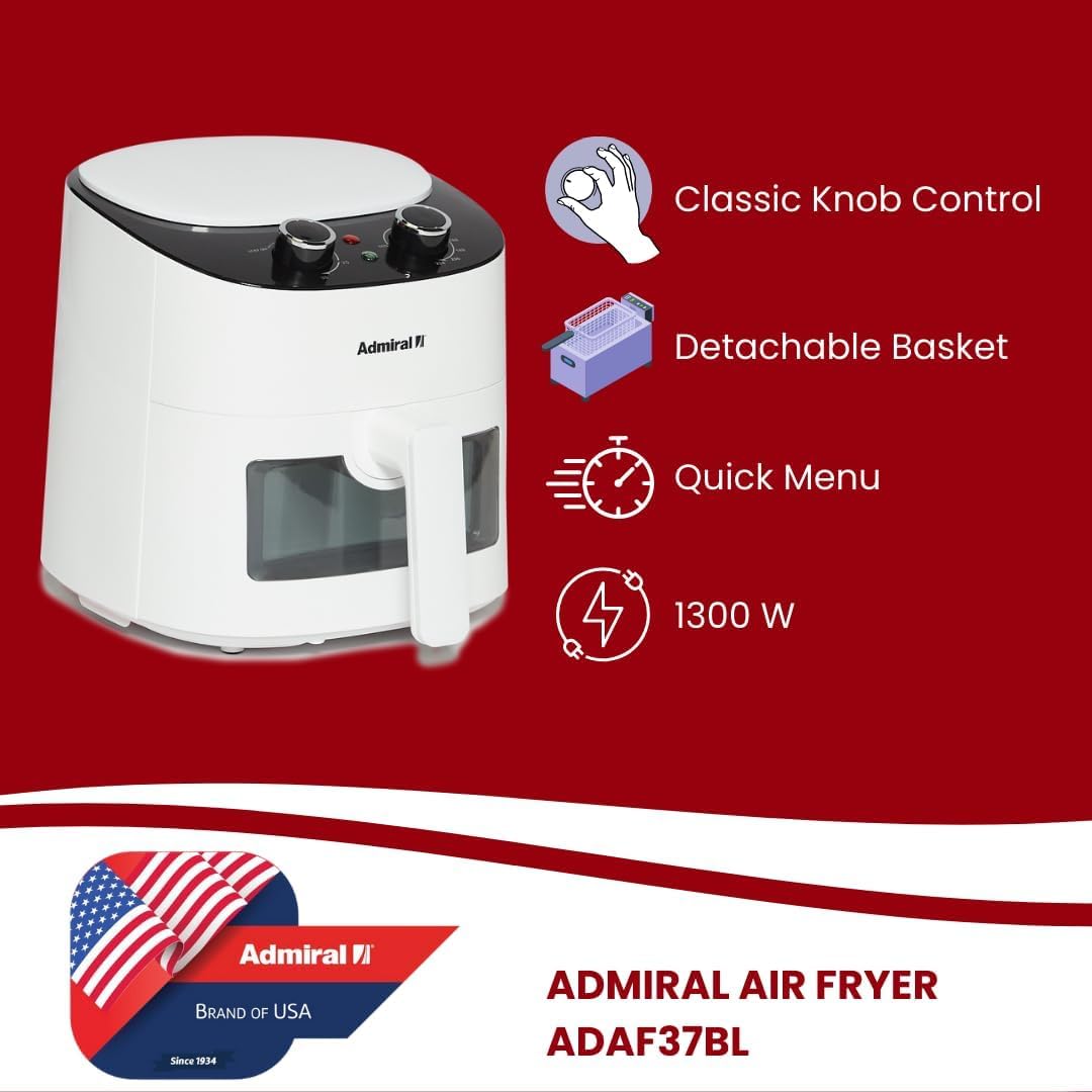 Admiral Air Fryer 3.7L, 1300W, Classic Knob Control, Transparent Window, Detachable Basket, Cool Touch Handle, Dishwasher Safe, ADAF37BL, 1 Year Warranty.