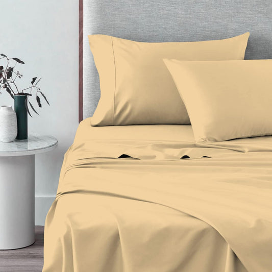 Pizuna 600 Thread Count 100% Long Staple Cotton Sateen Weave Bed Linen with Stylish 4 inch Hem Fits Upto 15 Inch Deep Pockets Full 4pc Sheet Set Beige