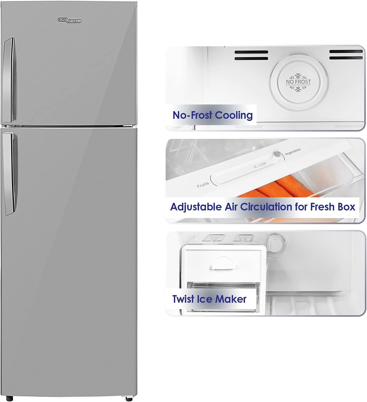 Super General 360 Liters Gross Compact Double Door Refrigerator-Freezer, No-Frost, LED-light, Inox, SGR-360i, 1 Year Warranty