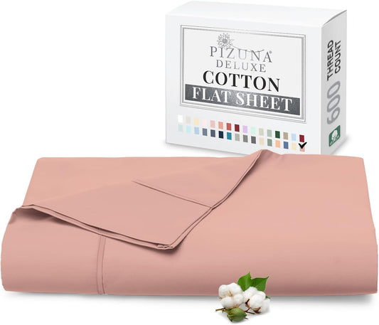Pizuna Soft 600 Thread Count Cotton Full Flat Sheets Rose 1pc, 100% Long Staple Pure Cotton, Smooth Sateen Flat Sheet Bed fit Upto 16 inch Deep Pockets (100% Cotton Deep Flat Sheets Full)
