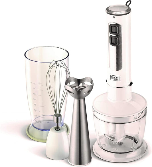 Black & Decker 400W 4 In 1 Stainless Steel Stem Hand Blender With Chopper and Whisk White SB4000-B5,2 years warranty