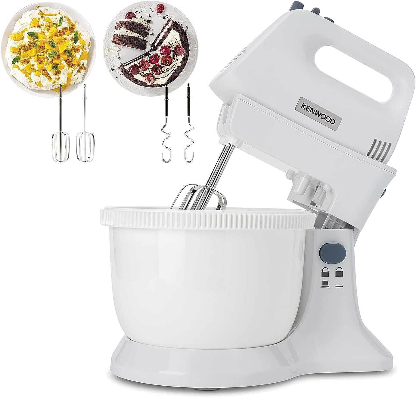 Kenwood Stand Mixer Hand (Electric Whisk) 300W With 2.4L Rotary Bowl, 5 Speeds + Turbo Button, Twin Stainless Steel Kneader And Beater For Mixing, Whipping, Whisking, Kneading Hmp22.000Wh White