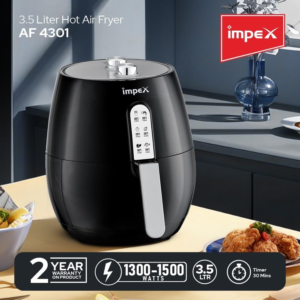 Impex 2.5 Ltr Air Fryer - Ideal for Meat, Fish, Vegetables, French Fries, Temperature Control 80°C-200°C, Timer 30 Mins with 2 Year Warranty-Black (AF 4302)