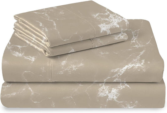 Pizuna Marble Taupe Print Twin Cotton Sheets Set, 400 Thread Count 100% Long Staple Twin Cooling Sheets Cotton Sateen Weave, 15 Inch Deep Pocket Twin Sheets Set (Printed Cotton Sheets)