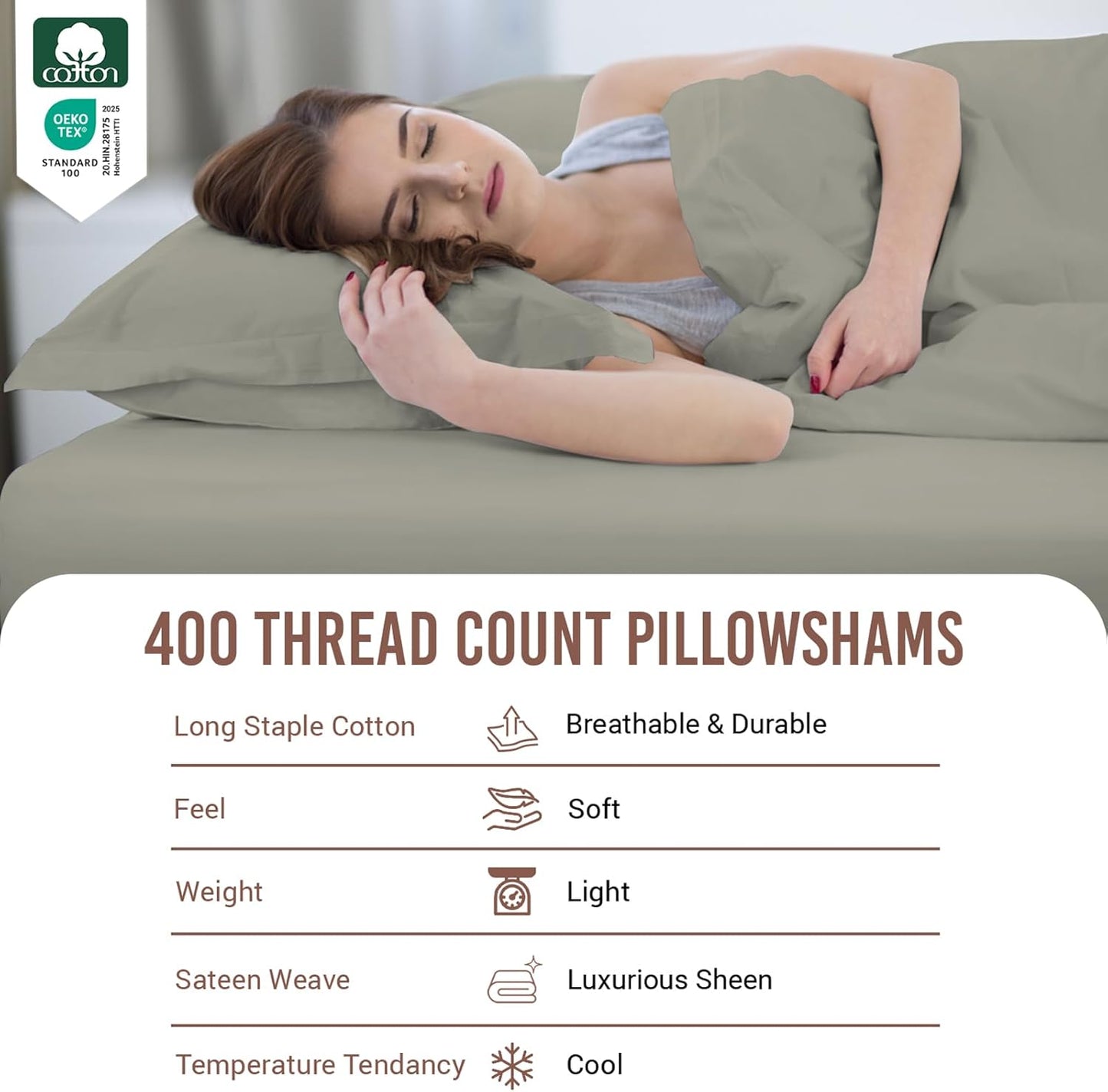 Pure 100% Cotton Pillow Shams King Size Set of 2 Silver, Luxurious 400 Thread Count Long Staple Cotton Sateen with Envelope Closure (Combed Silver Cotton Pillow Shams King)
