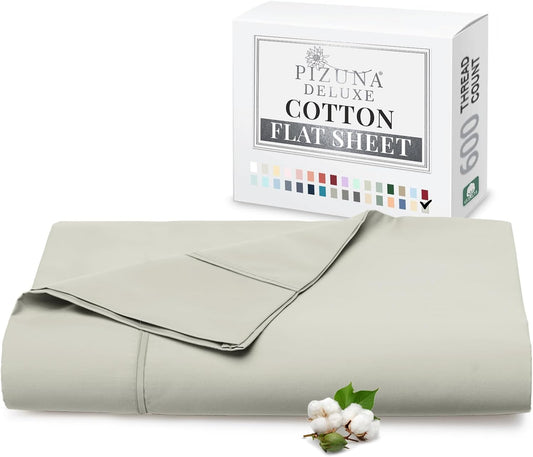 Pizuna Soft 600 Thread Count Cotton Full Flat Sheets Silver 1pc, 100% Long Staple Pure Cotton, Smooth Sateen Flat Sheet Bed fit Upto 16 inch Deep Pockets (100% Cotton Deep Flat Sheets Full)