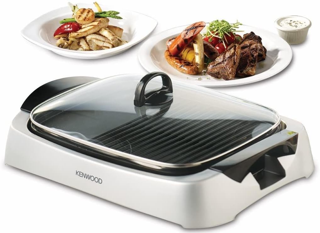 KENWOOD Grill 1700W Contact Health Large Family Sized Griddle with Glass Lid, Variable Temperature Control, Cool Touch Handles - Ideal for Steak, Chicken, Fish, Vegetables HG230 Black