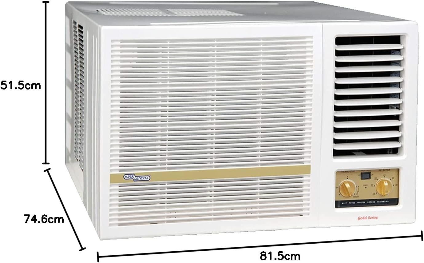 Super General 1.5 Ton Window Air Conditioner, 18000 BTU, Reciprocating compressor, SGA-183-NE, White, 74.6 x 81.5 x 51.5 cm, 1 Year Warranty