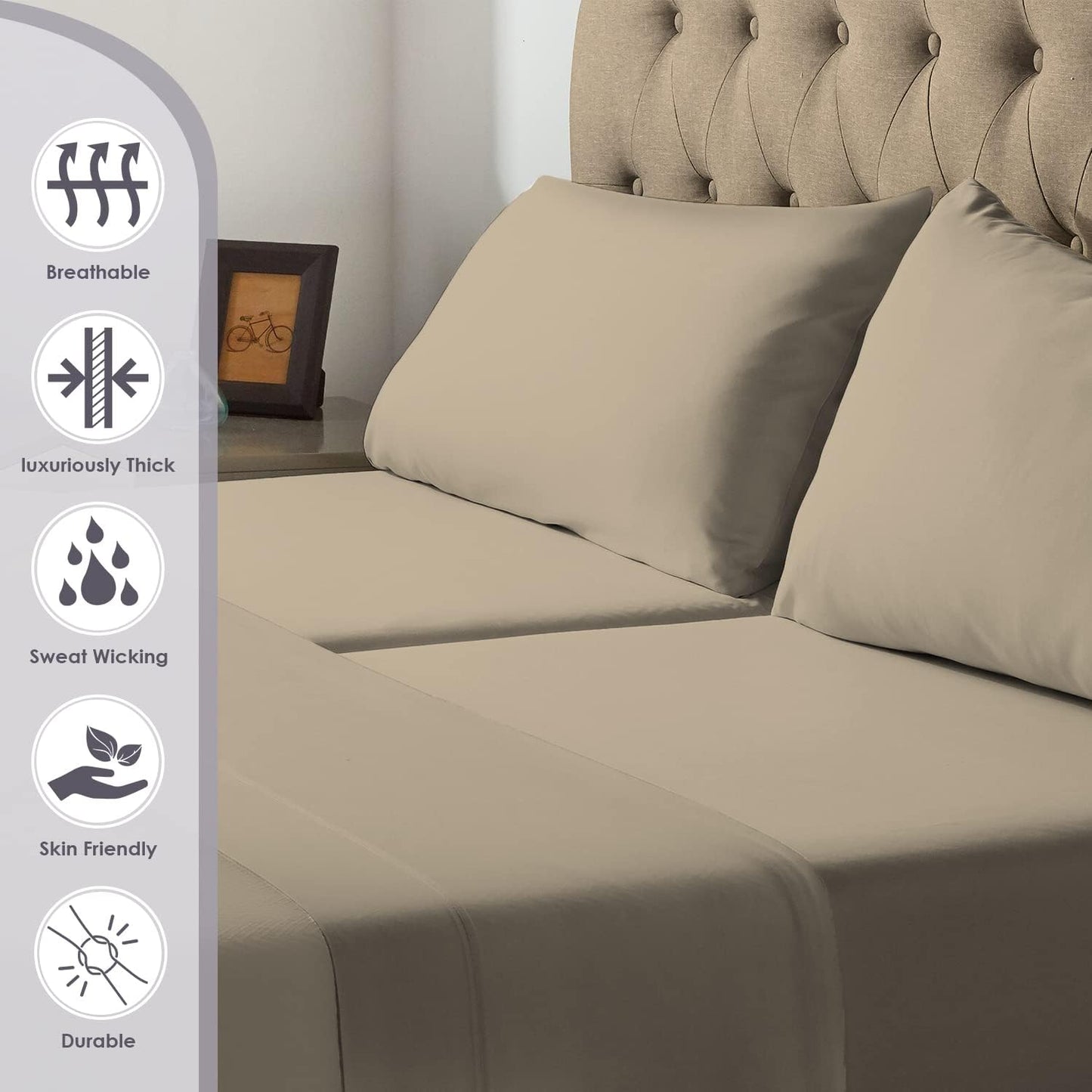 800 Thread Count Sheet Set, 100% Long Staple Pure Cotton Simply Taupe Split King Sheets, Luxurious Smooth Sateen Breathable Sheets fit Upto 15 Inch Deep Pocket (Simply Taupe Split King Cotton Sheets)