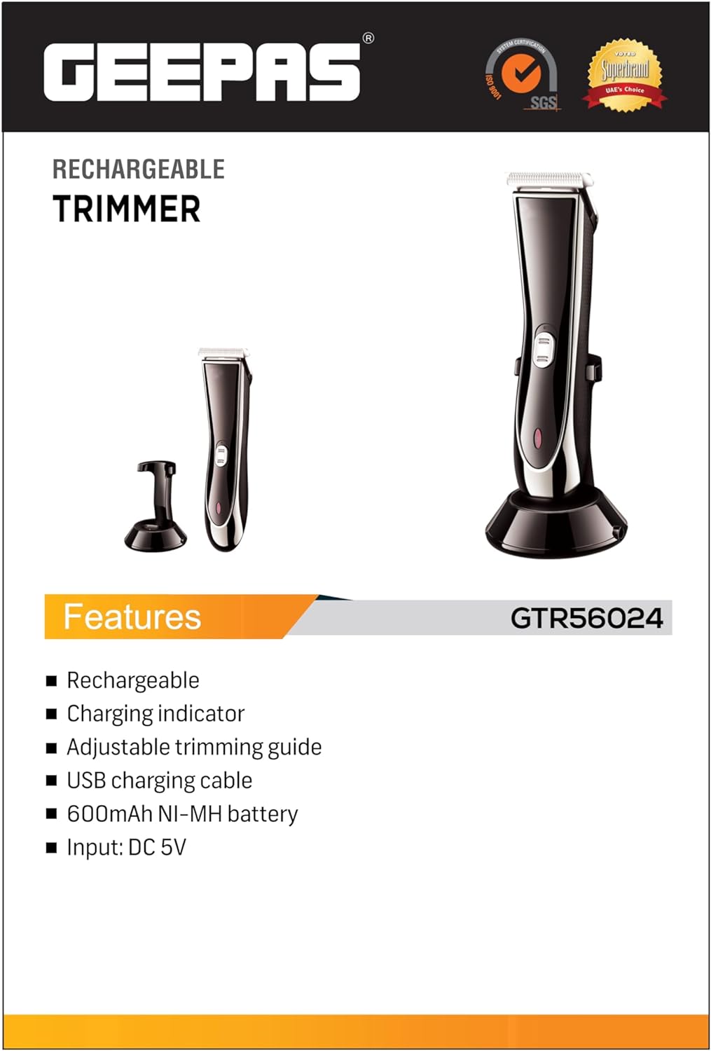 Geepas-Rechargeable Trimmer, Adjustable Trimming Guide, GTR56024 | Cordless Trimmer for Men's Beard | Charging Indicators | Hair Clipper & Beard Stubble Trimmer Kit