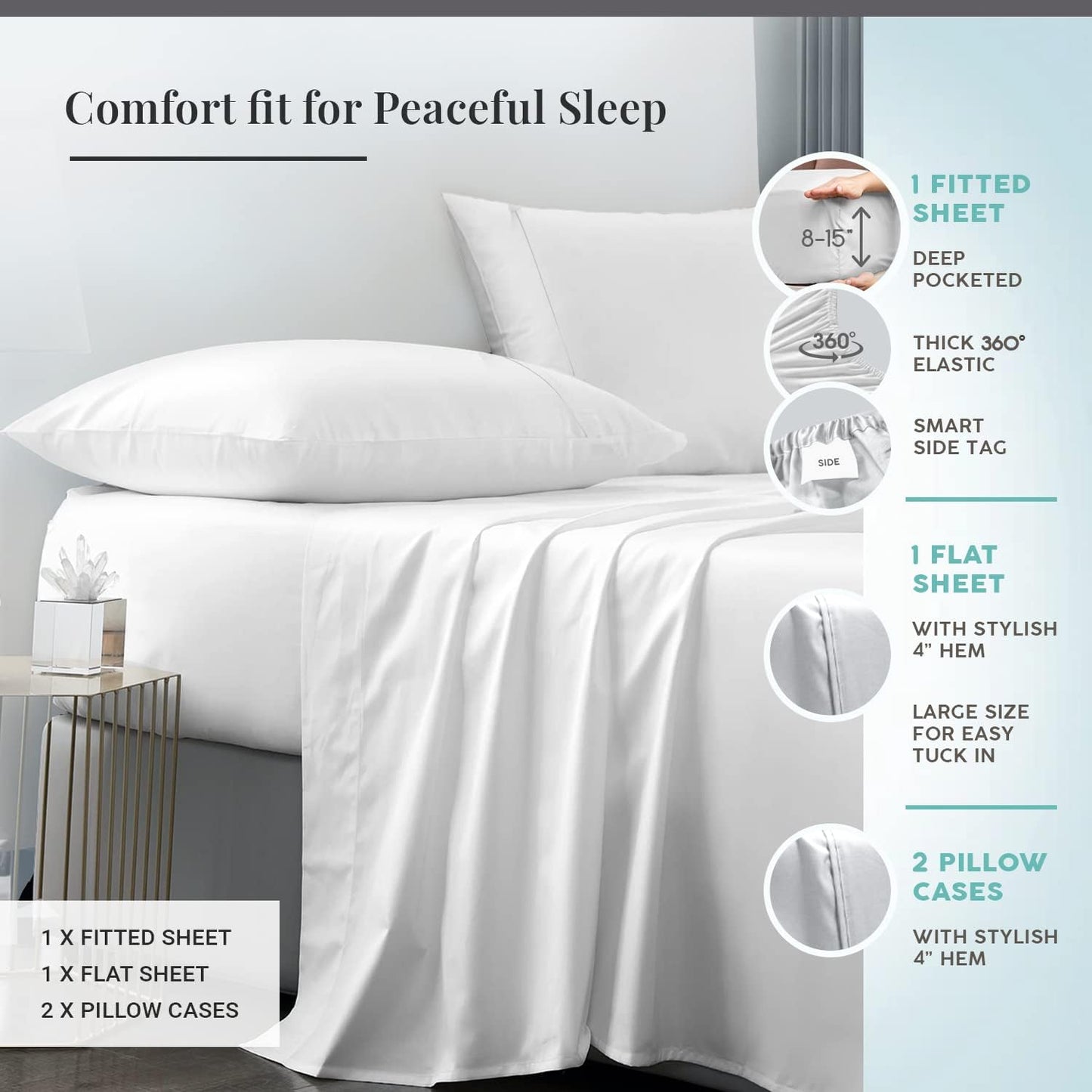 Soft 600 Thread Count Cotton Sheets California King White, 100% Long Staple Cotton Soft & Comfortable Sateen Bed Sheets fit Upto 15 inch Deep Pocket (White Cal King Sheets Sets)