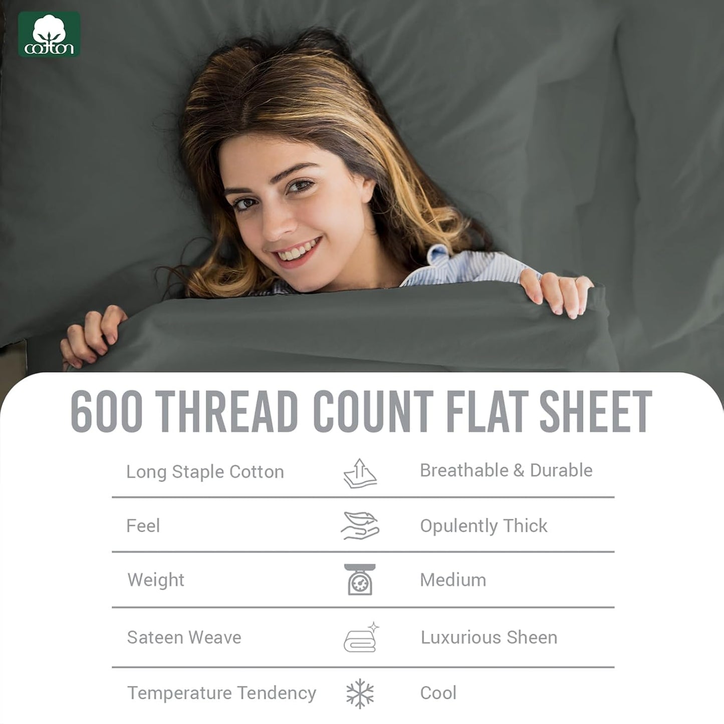 600 Thread Count King Cotton Flat Sheet Dark Grey 1pc, 100% Long Staple Pure Cotton Crisp & Light Weight Sateen Weave Flat Sheet for Bed with Stylish 4 Inch Hem (Dark Gray 100% Cotton Flat Sheet King)