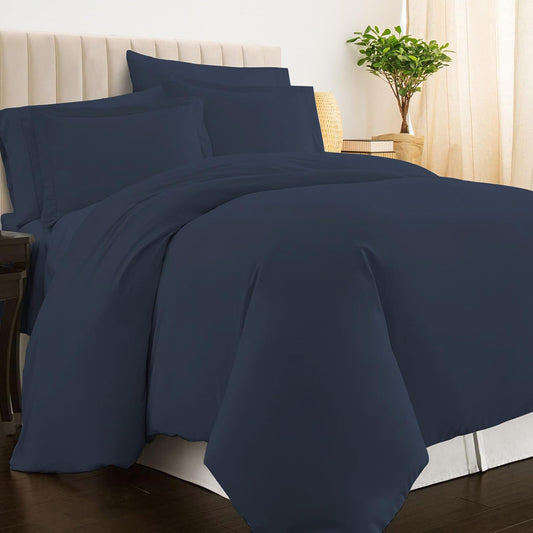 Pizuna Cotton Twin Duvet Cover Set Dark Blue, 400 Thread Count 100% Long Staple Combed Cotton Sateen Weave Duvet Cover with Button Closure (Dark Blue Twin/Twin XL Bedding Set - 2PC)