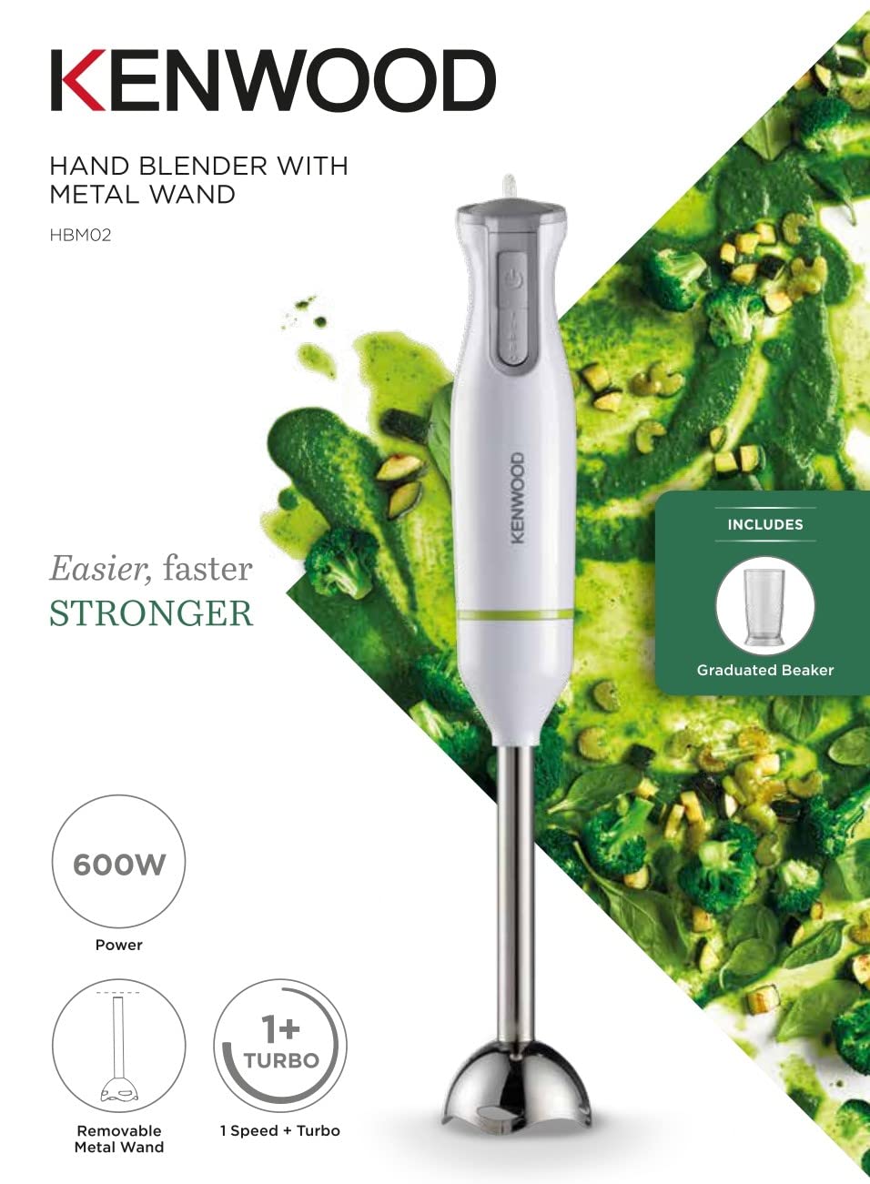 KENWOOD Hand Blender Metal Wand 600W Stick with Graduated Beaker, Turbo Function, Removable for Easy Cleaning HBM02.001WH White/Silver