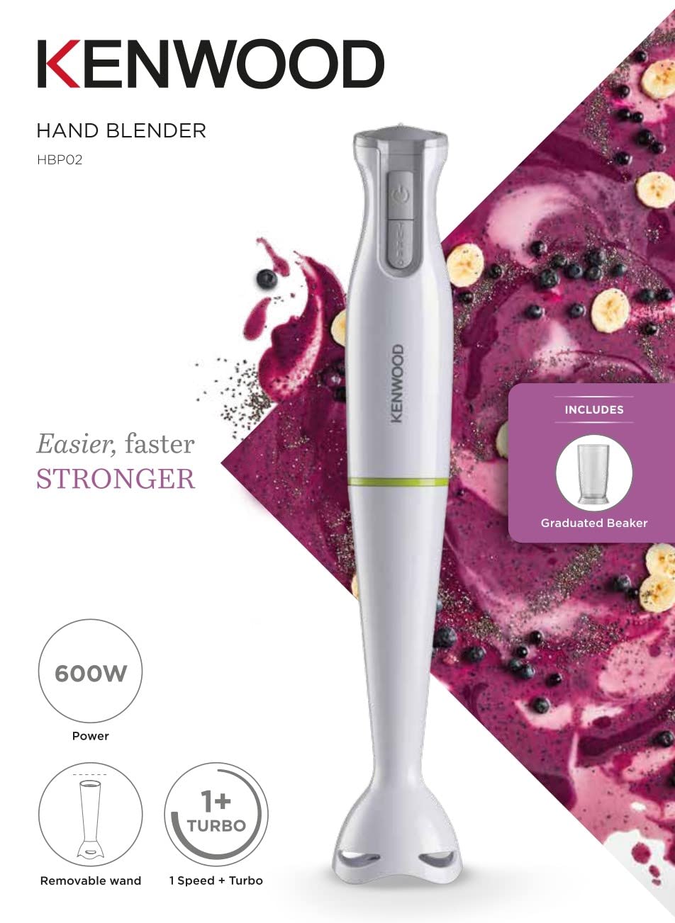 KENWOOD Hand Blender Metal Wand 600W Stick with Graduated Beaker, Turbo Function, Removable for Easy Cleaning HBM02.001WH White/Silver
