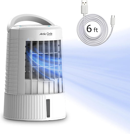 Arctic Circle Portable Air Conditioner Symphony Bonaire Portable Evaporative Air Cooler, USB Powered includes 6 ft USB-C cable, for Bedroom, Office, Camping, RV (White)