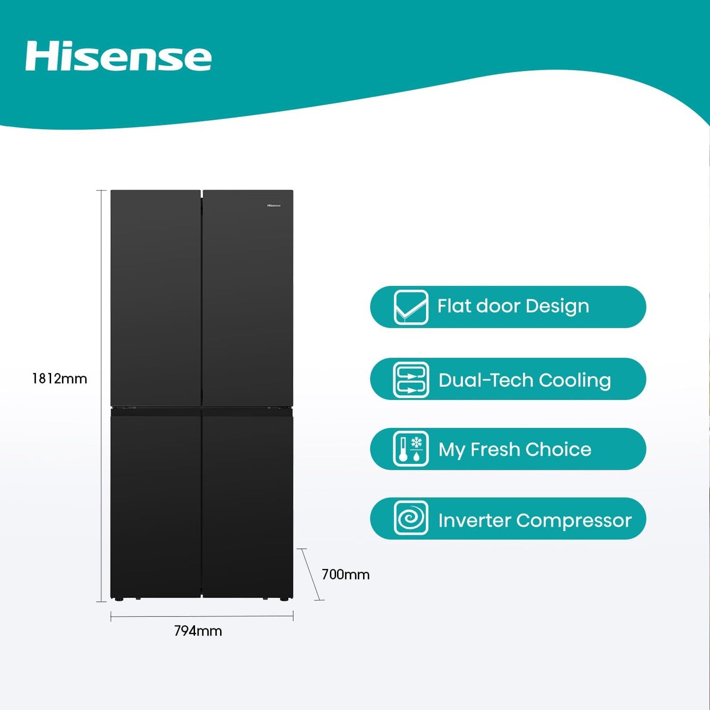 Hisense RQ561N4AC1 561 Four Door Refrigerator, No Frost Technology, Silver, 1 Year Warranty