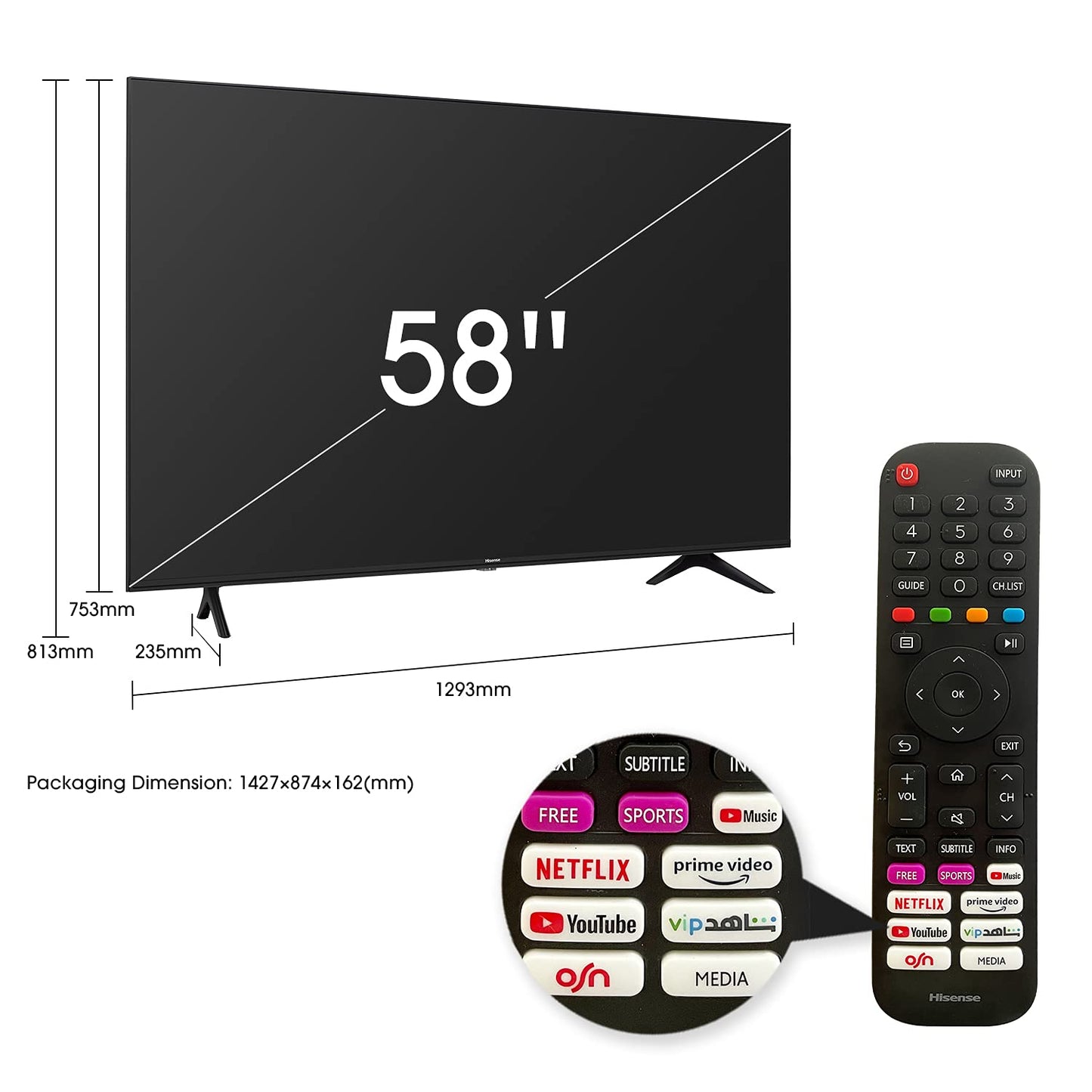 Hisense 58 Inch TV UHD Smart HDR 10/HLG Wifi (2.4GHZ) Bluetooth 5.0 DLNA HDCP Version H.265 decoder - 58A6GE (2021 Model)