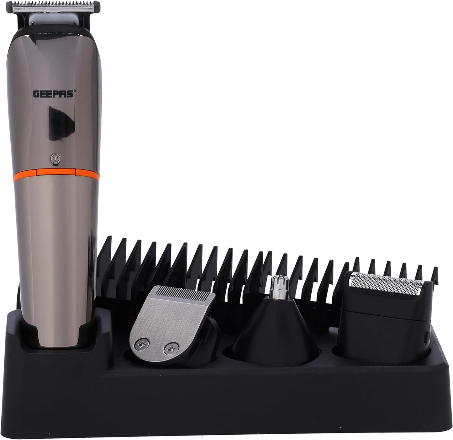 Geepas Geepas 9 In 1 Hair Trimmer 600Mah Battery Portable Cordless Hair Clippers, Grooming Kit With Stand, Digital Display Trimming Kit With 4 Interchangeable Heads For Styling Beard, Gray