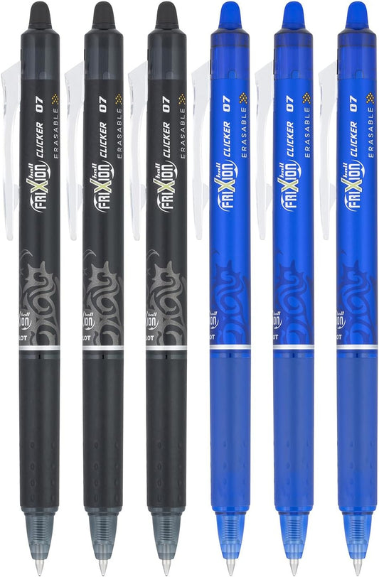 Pilot FriXion Clicker 0.7mm, Erasable Gel Pens, Fine Point (6-Pack, Black/Blue)