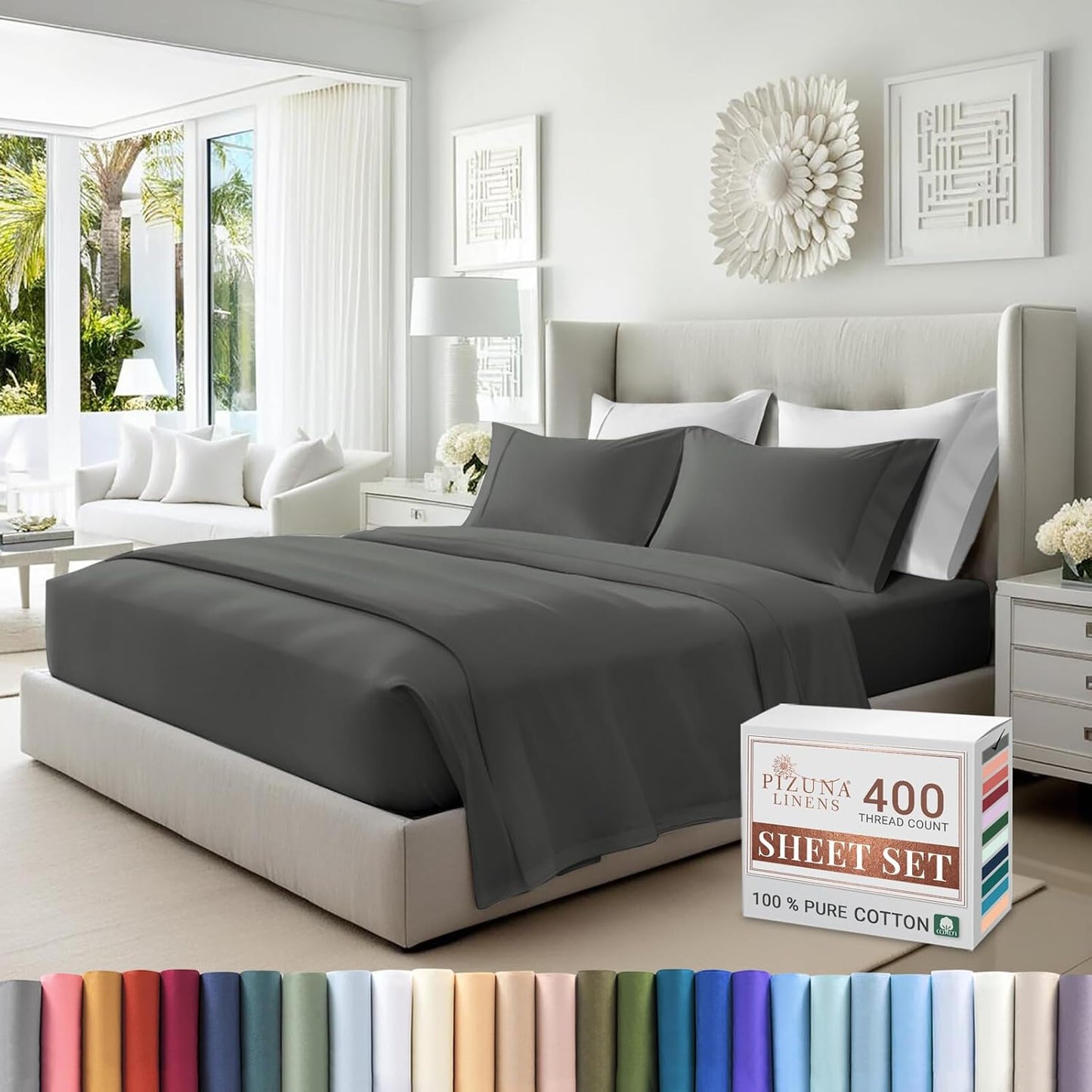 100% Cotton Sheets Full Size, Luxurious 400 Thread Count Long Staple Cotton Sateen Sheets with 15inch Deep Pocket (Combed Silver Sheet Full)
