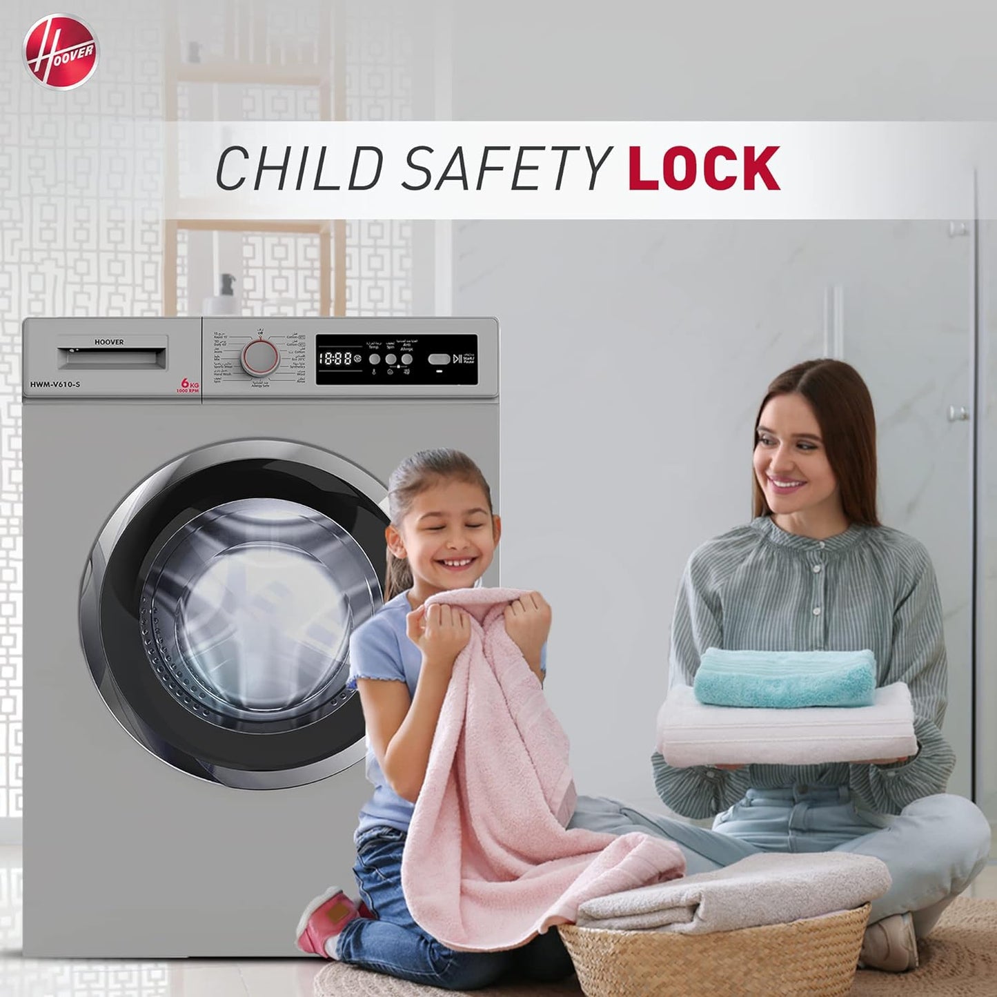 Hoover Hoover 6 Kg Front Load Fully Automatic Washing Machine, 1000 Rpm 15 Programs, Electronic Control System, Easy To Operate Clothes Washer, Made In Turkey, HWM-V610-S (Silver)