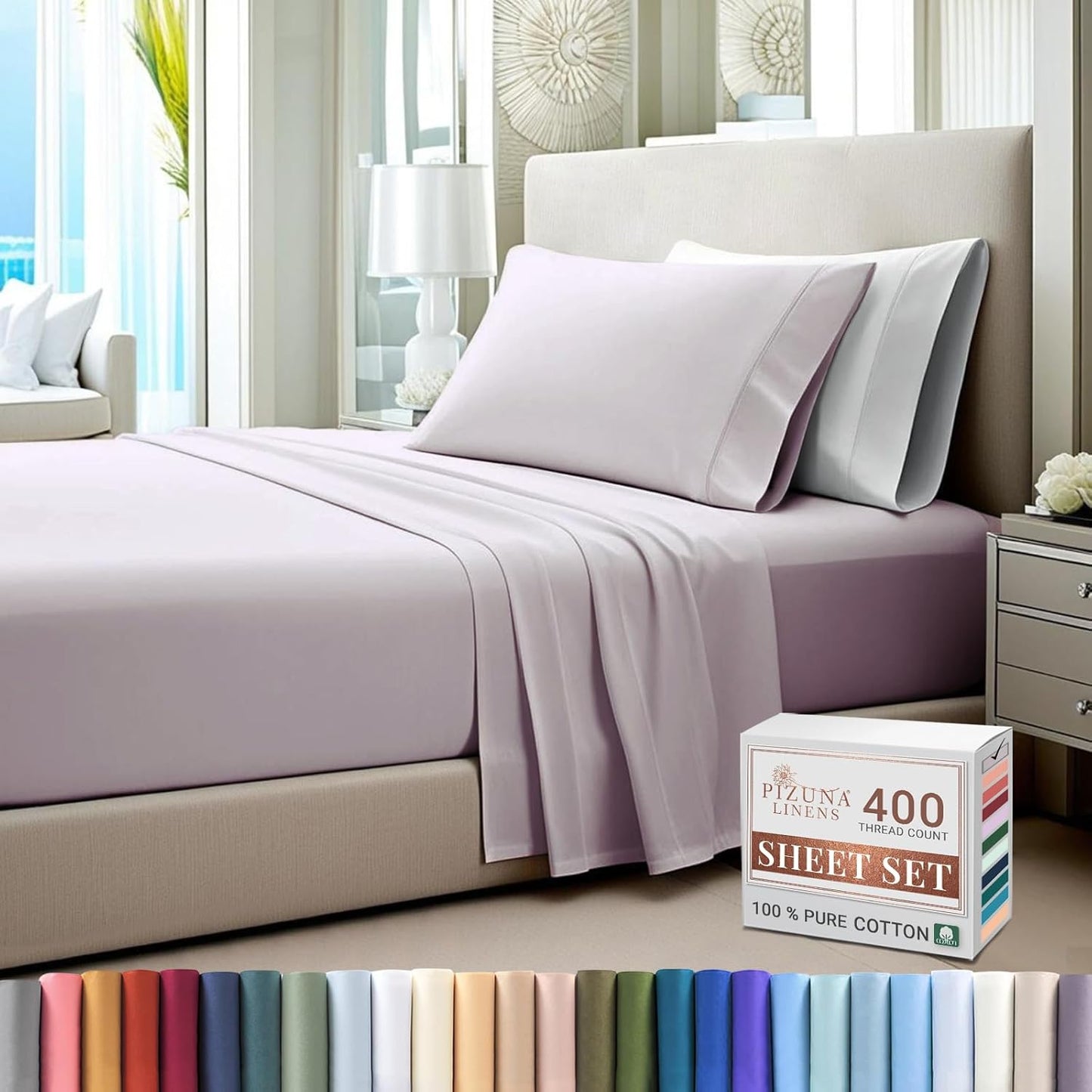 100% Cotton Sheets Full Size, Luxurious 400 Thread Count Long Staple Cotton Sateen Sheets with 15inch Deep Pocket (Combed Silver Sheet Full)
