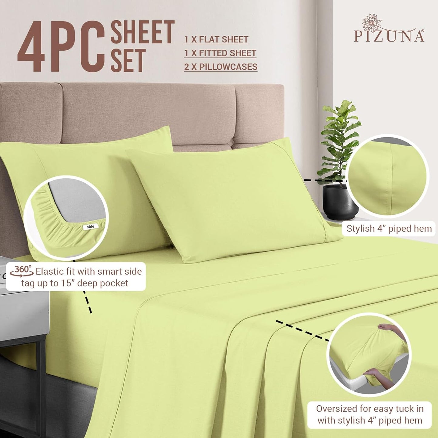 Pizuna Pure 100% Cotton Short King Sheets For RV Light Green, Luxurious 400 Thread Count Long Staple Cotton Sateen Cooling RV King Short Sheets - 4 PC
