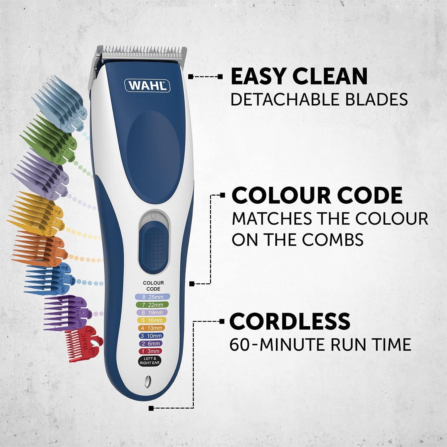 Wahl Colour Pro Cordless Clipper Kit, Soft Hairbrush Neck Duster, 12 Colour Coded Guide Combs, Hair Clippers for Men, Head Shaver, Men's Hair Clippers, Easy Home Haircutting, Family Haircuts