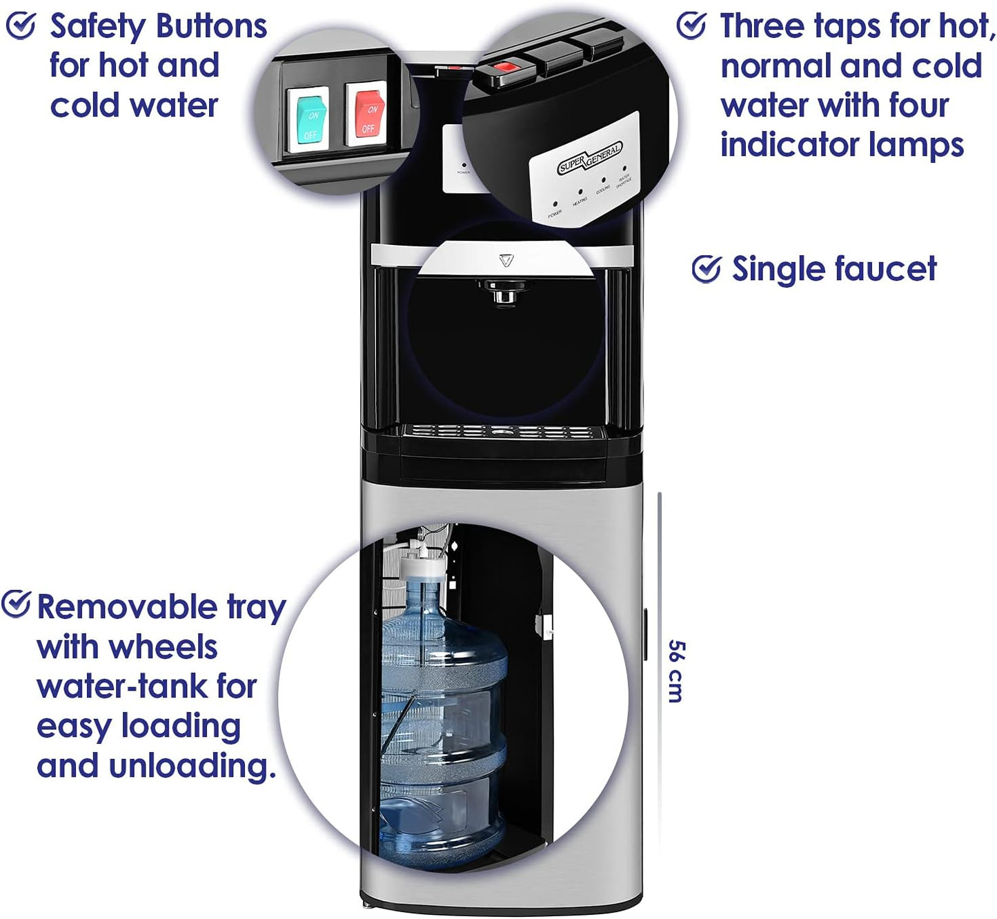 Super General Hot and Cold Water Dispenser, Bottom-Loading Water-Cooler, Instant-Hot-Water, 3 Taps, SGL-2020-BM, Black/Silver, 34 x 35 x 107 cm, 1 Year Warranty