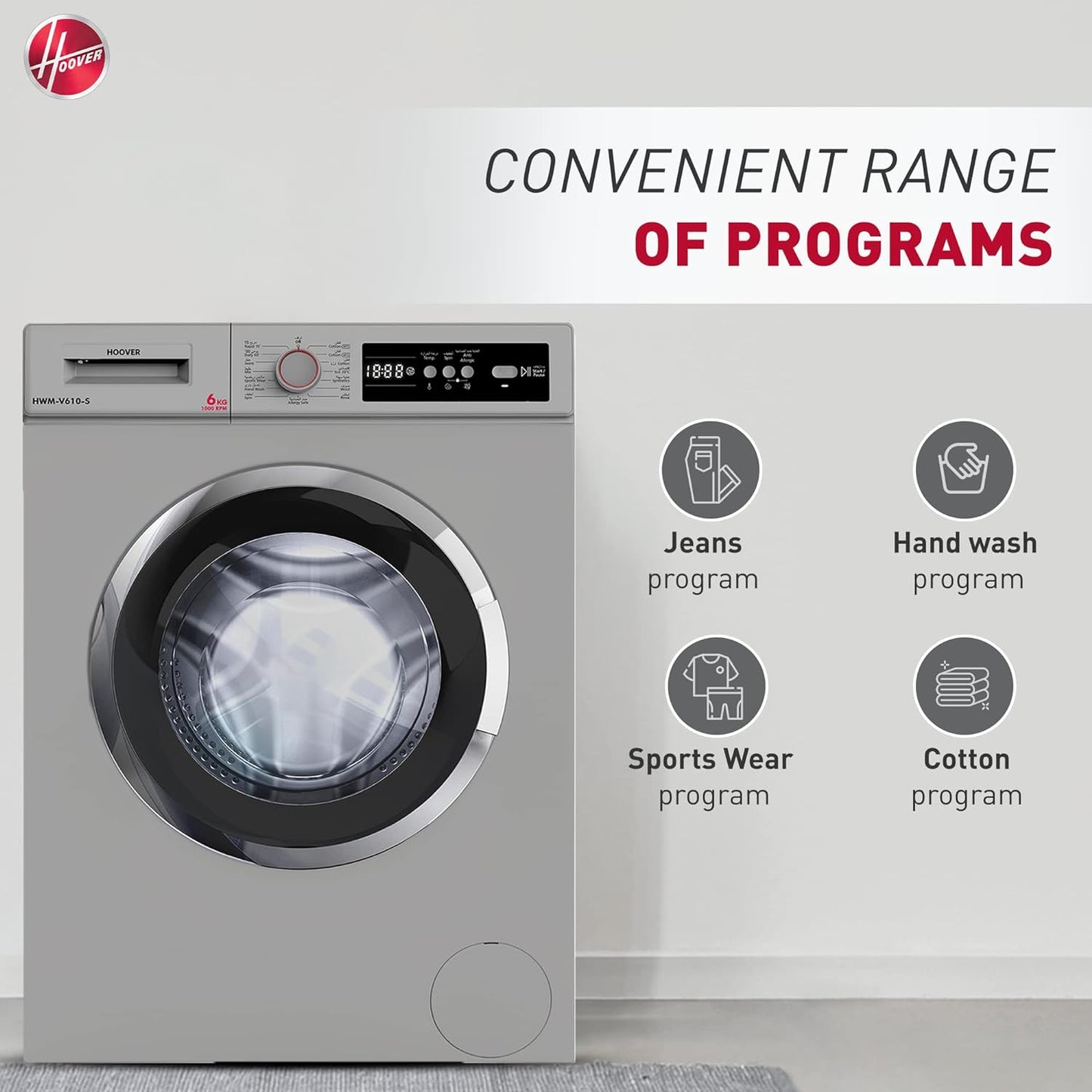 Hoover Hoover 6 Kg Front Load Fully Automatic Washing Machine, 1000 Rpm 15 Programs, Electronic Control System, Easy To Operate Clothes Washer, Made In Turkey, HWM-V610-S (Silver)